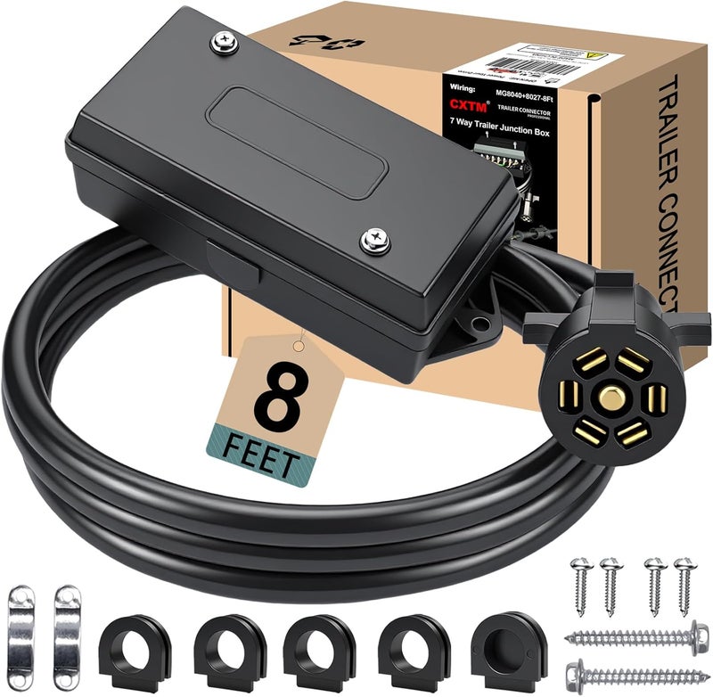 CXTM 7 Pin Trailer Wiring Harness Kit 8 Feet, 7 Gang Waterproof Junction Box with Heavy Duty 7 Way Trailer Cord Pigtail, Double Prongs Connector Inline Cable for RV Standard (8ft) - Image 1